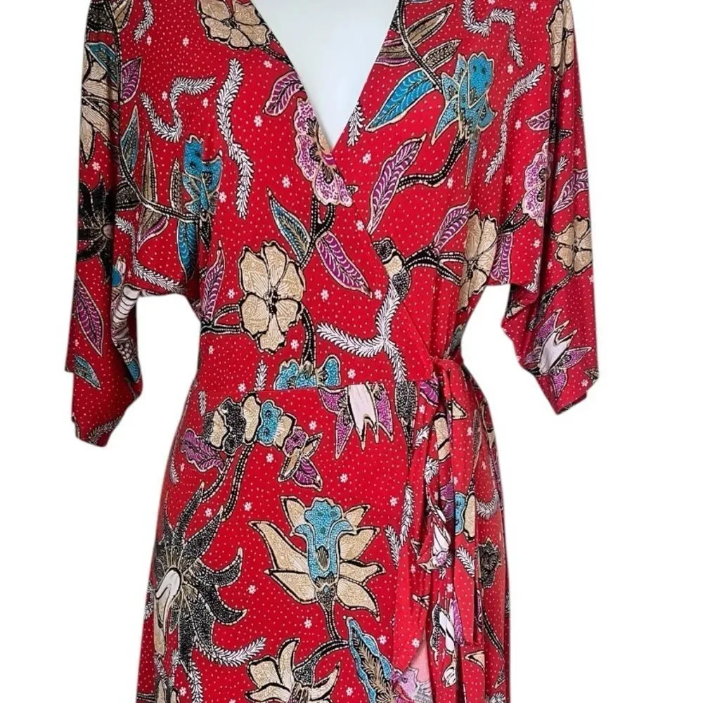 Veronica M Red Floral Wrap Midi Dress Sz XS